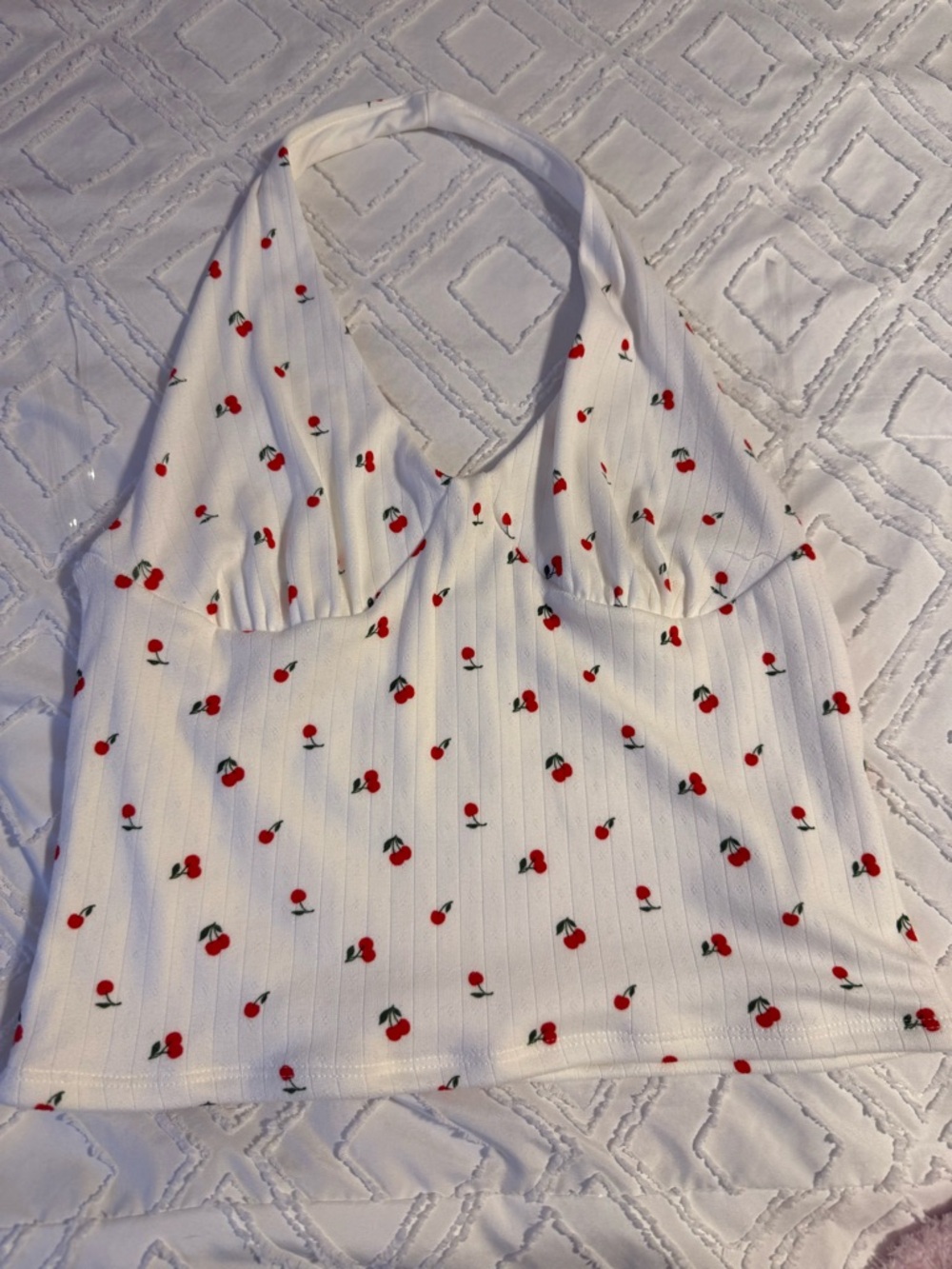 White Cherry Print Halter Crop Top